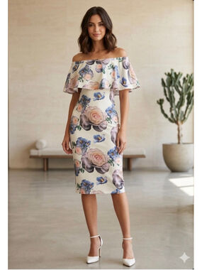 JAYVEE Floral Off-Shoulder Midi Dress M White Blue